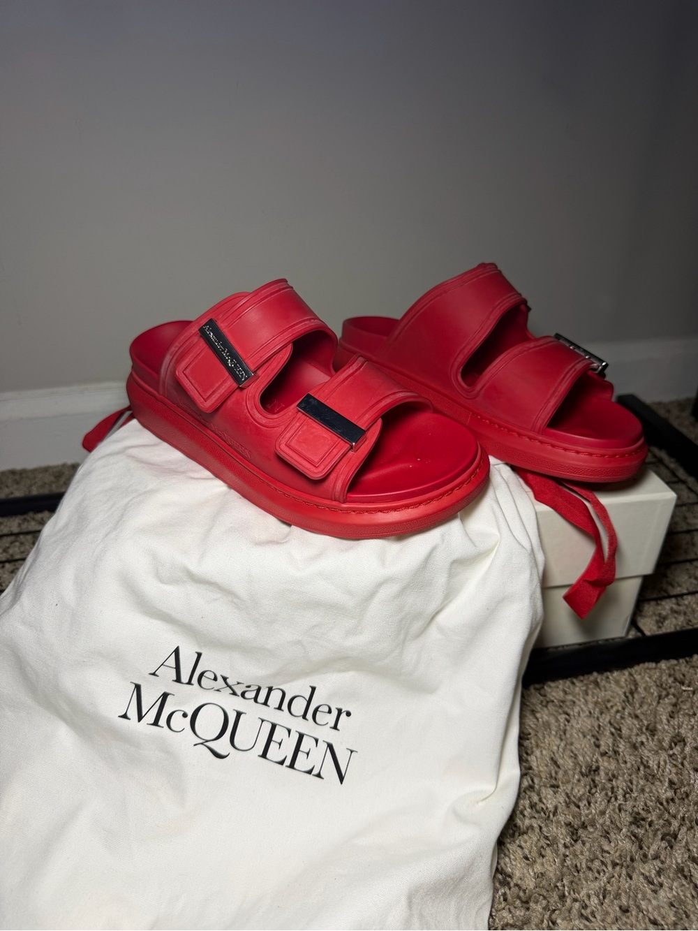 ❤️ Alexander McQueen Birke Red Rubber Sandals Silver Hardware